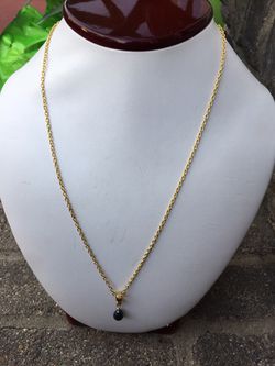 Gold Tone Baroque Black Pearl CZ Necklace 19”