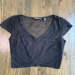 Kardashian Kollection Black Mesh Surplice Cap Sleeve Sheer Fishnet Crop Top S