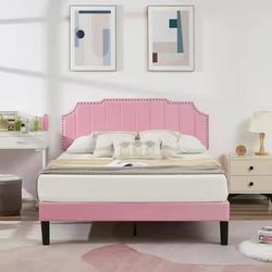 Upholstered Bed Pink Metal+Wood Frame Queen Platform Bed with Tufted Adjustable Headboard