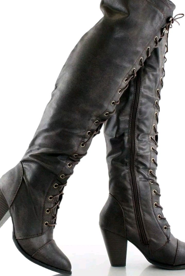 Forever Women's Camila-48 Chunky Heel Lace up Over The Knee Riding Boots