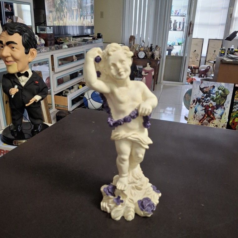 Vintage 10" Tall Cherub Angel Figurine In White Wrapped In Purple Roses