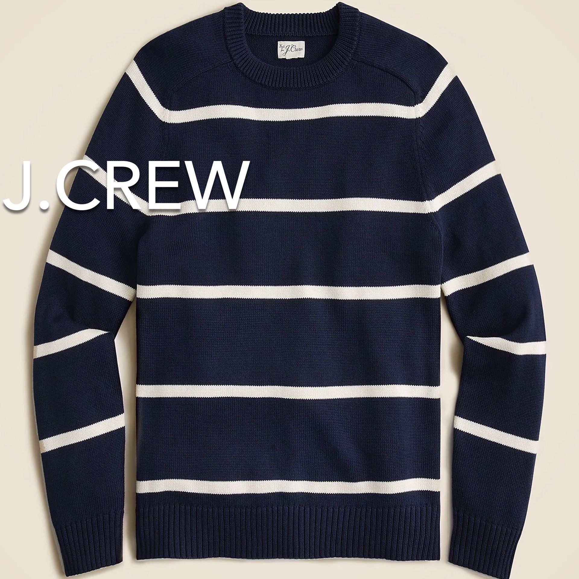 (NEW) (1 AVAILABLE) MEN’S J.CREW HERITAGE NAVY WHITE STRIPED COTTON CREWNECK SWEATER - SIZE: LARGE 