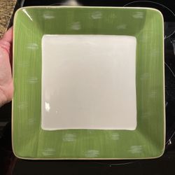 3 Large Green Dinner Plates Square Paula Dean At Home Hand painted Low Country 