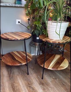 Double tiered hardwood end table set. These are beautiful!