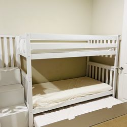 Bunk Bed with Stairs + Trundle – 3 Beds – Includes 3 Mattresses