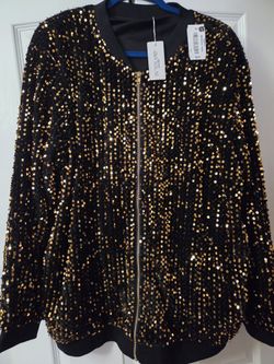 CHYTOALN Black Gold Sequin Bomber Jacket Womens Full Zip Long Sleeve