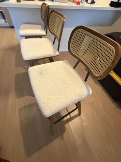 Set of 3 Rattan Counter Height Barstools – Wood & White Bouclé