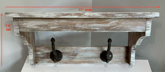 Shabby Tan & White Real Wood Hanging Shelf with 2 Large Brown Wrought Iron Hooks