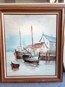 Jim Ford Signed Harbor Scene Oil Painting