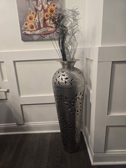 2 Tall Metal Floor Vases with Cutout Floral Design