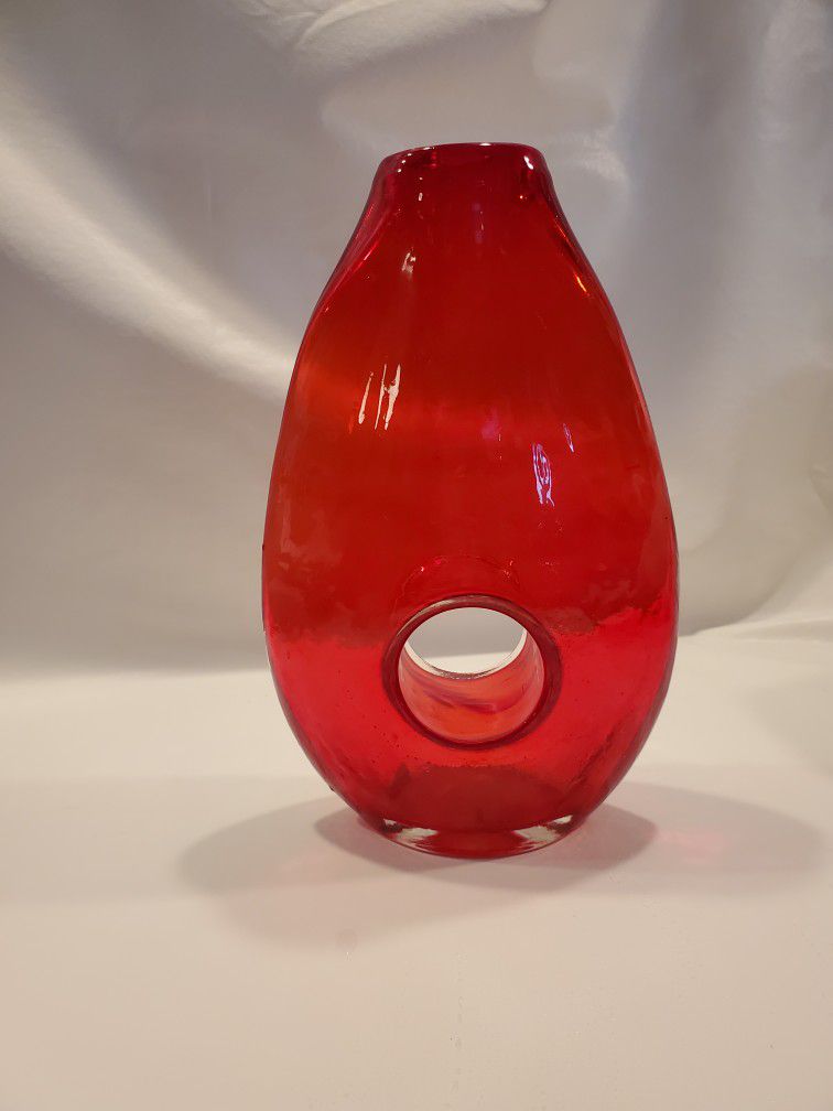 Vintage Art Glass Donut Hole Ruby Red Hand Blown Vase.