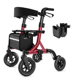 Walkers for Seniors, Rollator Walker with Seat, 10" Rubber Wheels All Terrain Rollator Walker with Backrest, Aluminum Walkers Built-in Cable, Foldable