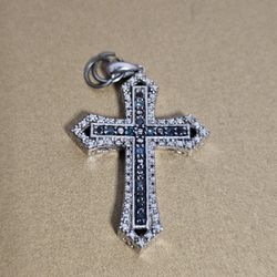 Silver Blingy Cross Pendant. Blue and Diamond Crystals. Costume. Christian. Gift