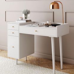 Vanity Dressing Table or Makeup Desk with 4-Drawers and Brass Accent Knobs, White Wood