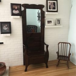 Antique Hall Tree With Storage Bench And Mirror 