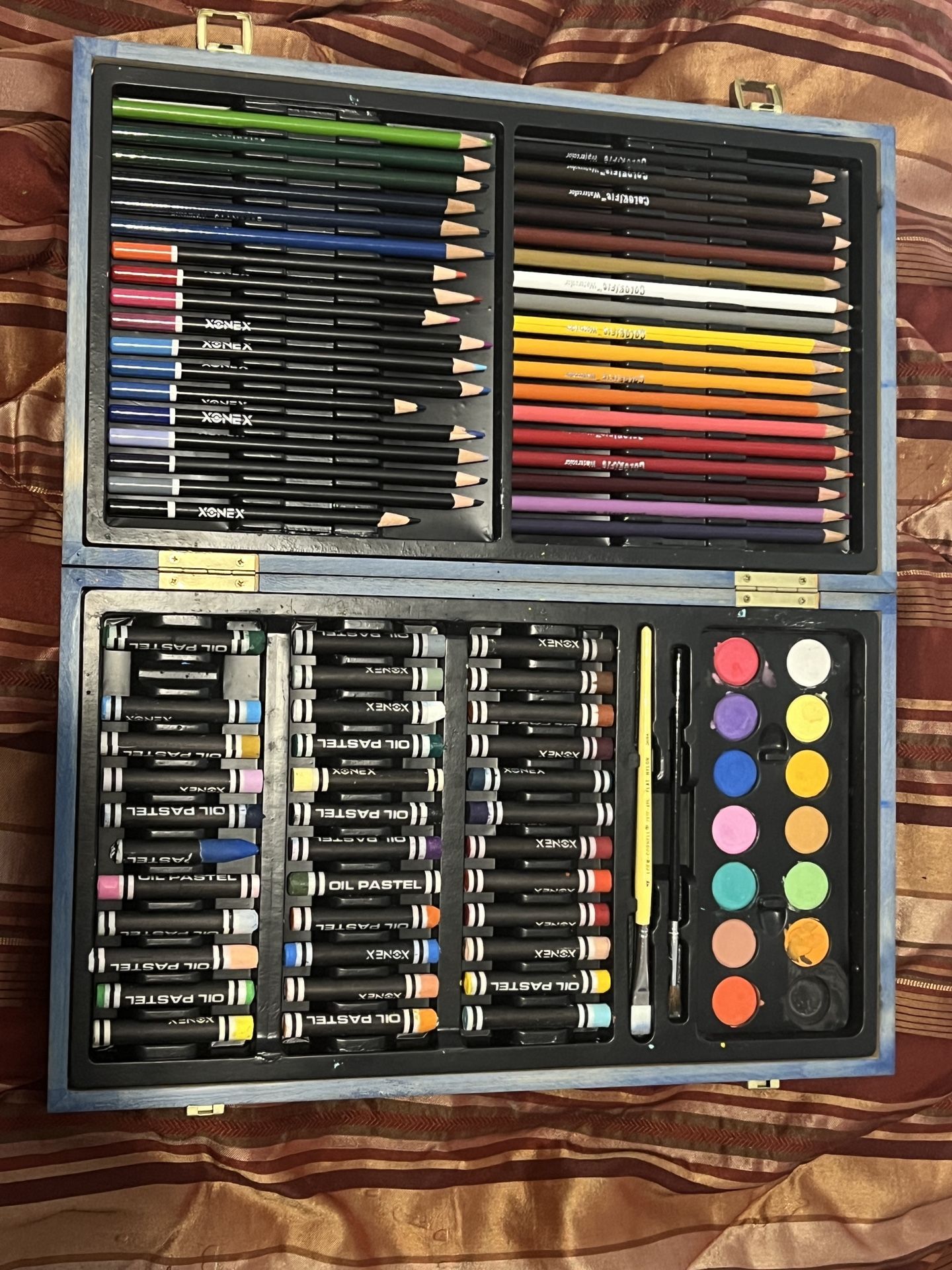 Water Colors, Colored Pencils And Oil Pastels