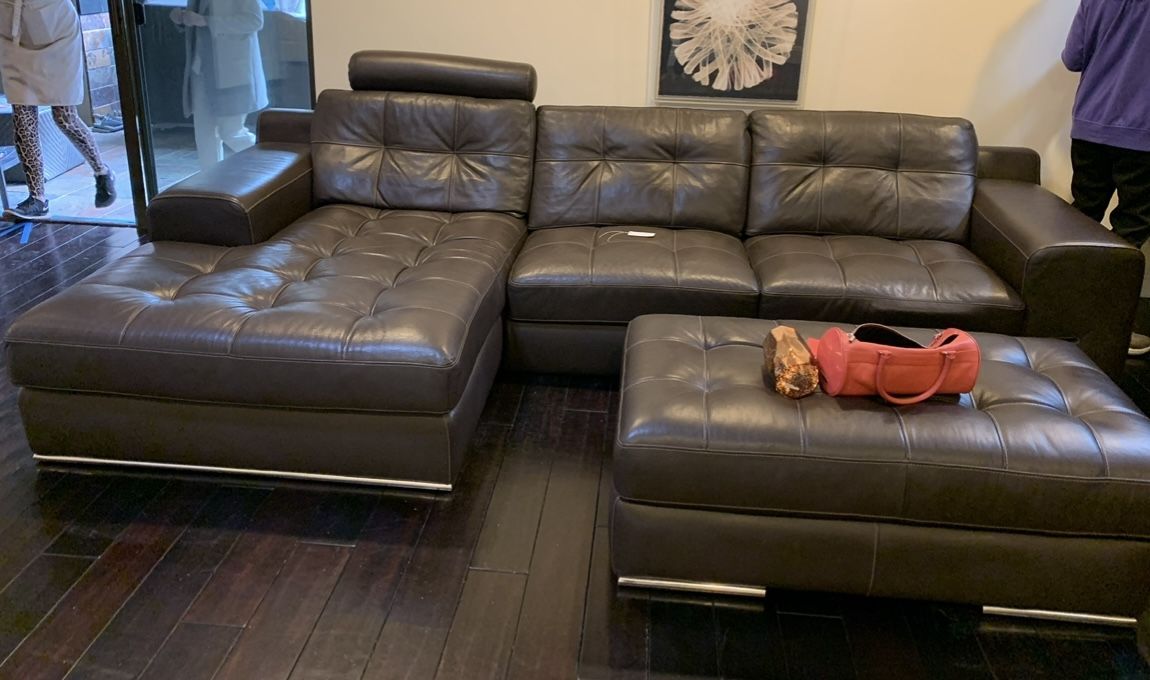 Leather 2pc Chaise Sectional & Ottoman