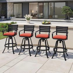 Set of 4 Heavy Duty Cast Aluminum Outdoor Swivel Bar Stools with Cushion, Patio Bar Height Chair