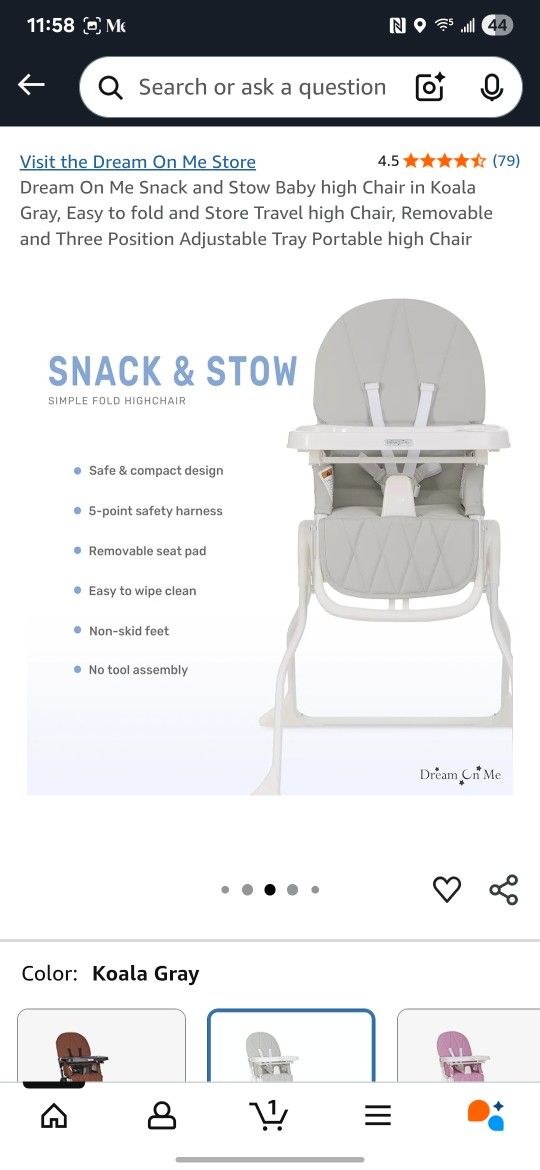 New In Box Dream On Me Snack & Stow Highchair 