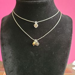 Brighton First Love Topaz Crystal Heart Charm Double Strands Silvertone Goldtone 18" Necklace F9