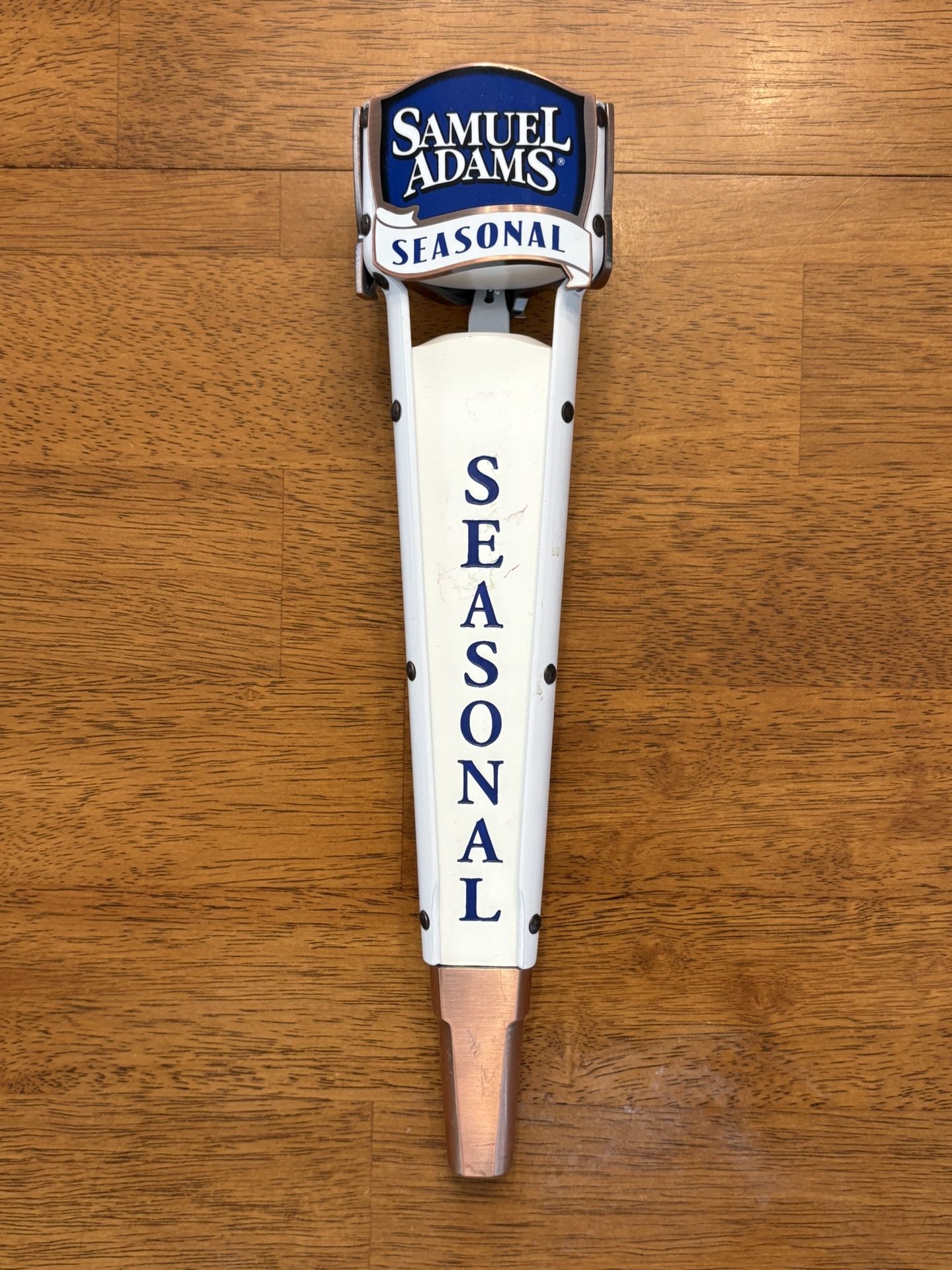 ๐ Samuel Adams Seasonal Tap Handle โ White, Blue & Copper โ Iconic Design