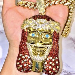 Men’s Miami Cuban Link Chain Necklace, 14K Gold 5X Layered Cuban Chain, Jesus Peace Head Pendant, CZ Diamond Necklace, ICY