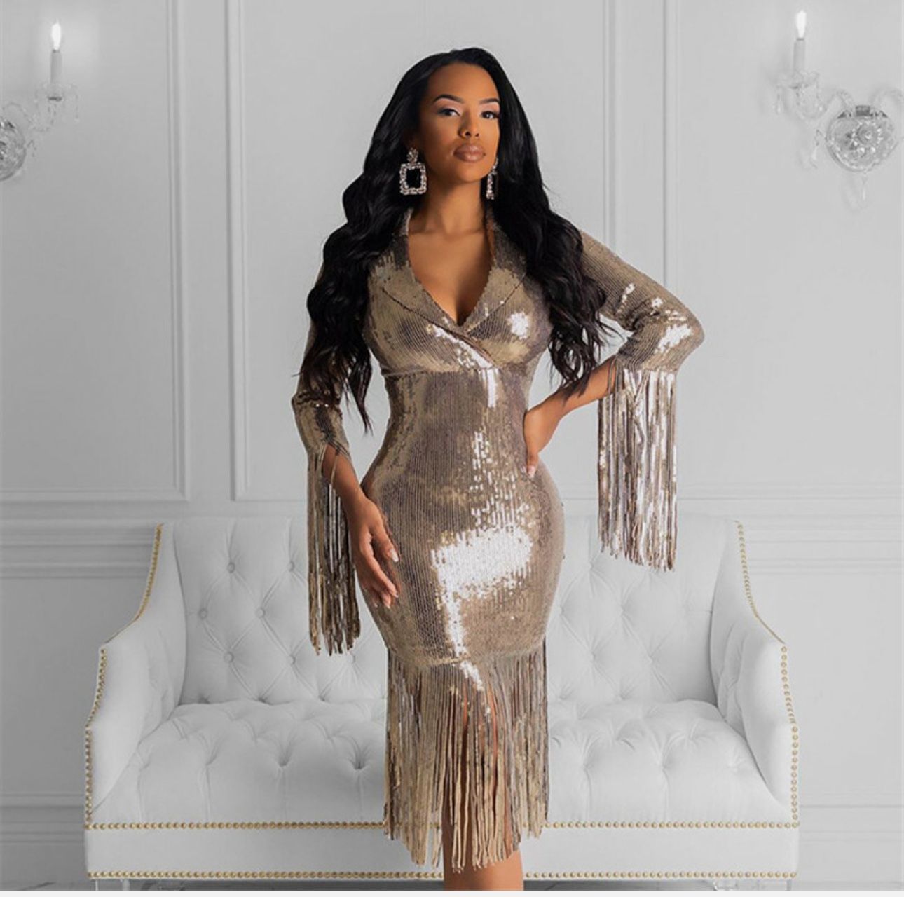 Sequins V-Neck Dress Bodycon