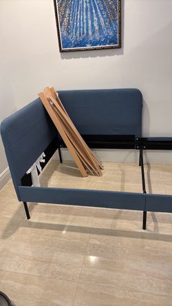 Blue Upholstered Bed Frame with Slats