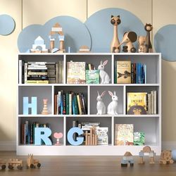 Wood Bookshelf, 3-Tier Open Shelf Bookcase, 10 Cube Storage Organizer with Anti-Tilt Device, Freestanding Book Storage Shelves for Bedroom, Living Roo