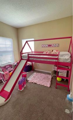 Pink Twin Loft Bed w/ Slide Kids Princess House Bed