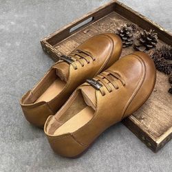Women'S Genuine Leather Lace-Up Casual Barefoot Shoes Comfort Widen Round Toe Zero Drop Lightweight Soft Bottom Sneakers Leisure Office Work Non-Slip 