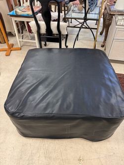 Large Black Leather Ottoman Pouf