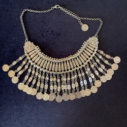Vintage Coin Fringe Statement Necklace – Boho / Gypsy / Ethnic Style 