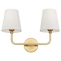 *NEW* 2 Light Bathroom Vanity Light, Brushed Gold Double Wall Sconce With Flared White Fabric Shade