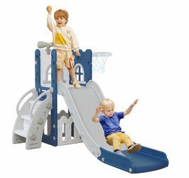 6 in 1 Toddler Slide,Kids Climber Slider for Indoor Outdoor Playground with Basketball Hoop,Storage and Telescope,L Shaped Slide for Toddler Climber P