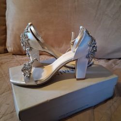 White Ankke Strap Shoes With Bling 2.5" Heels