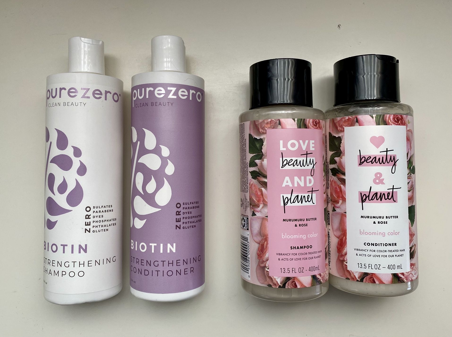 Pure Zero or Love ,Beauty & Planet shampoo & conditioner pairs