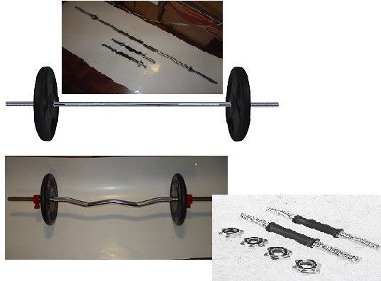 5ft Barbell, E-Z Curl Bar, 2- Dumbbell Handles + 8 Collars for 1" Weight Plates