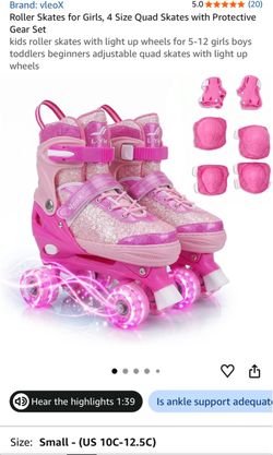 NEW - Girls Adjustable Roller Skates + Protective Gear – Light-Up Wheels