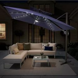 9 ft. x 12 ft. Solar LED Patio Umbrella Double Top Outdoor 360° Rotation Cantilever Offset Umbrella in Navy Blue