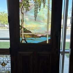 Large Solid Oak Doors & Side Panels With Stained Glass