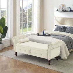 NEW Beige Velvet Multifunctional Storage Rectangular ottoman bench with Solid Wood Legs with 1 Pillow