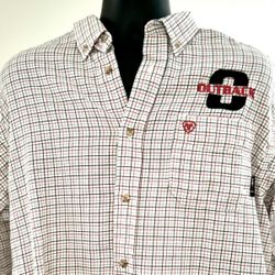 Ariat FR work shirt in a large size (L/G), featuring a red, white, and blue plaid pattern. The "FR" indicates the garment is flame-resistant, designed