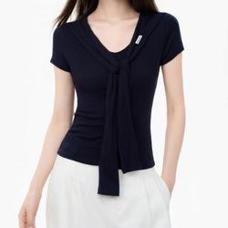 Dark blue shawl-style faux two-piece short-sleeved t-shirt women's summer fitted front-shoulder V-neck top 2025 new style summer