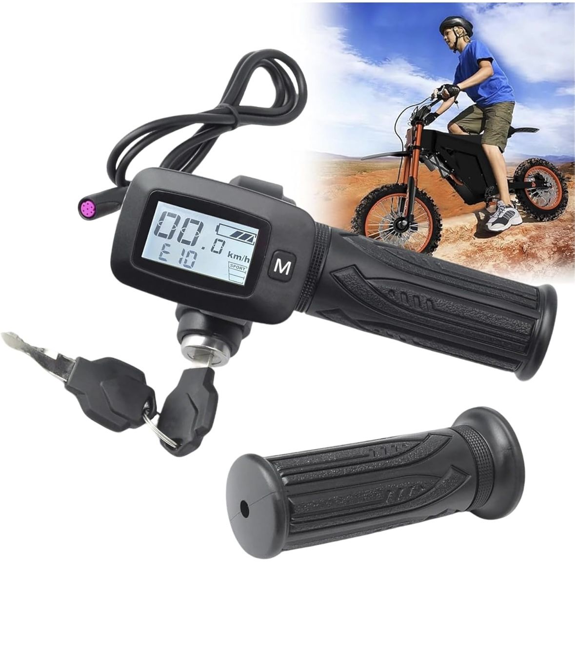 Speedometer and throttle for electric motorcycle with integrated display and key.
