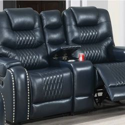 Brand New In Box Power Recliner Loveseat Navy Blue With Cup holder Storage Armrest Quilted Stitching Nailhead Trim