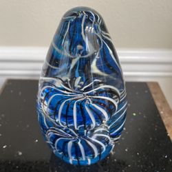 Vintage Heavy Blue, White & Black Lobed Ovoid Glass Paperweight 6.5”