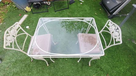 Vintage MCM White Wrought Iron Bistro Patio Set - 3 Piece