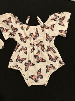Baby Girl Monarch Butterfly White Bodysuit & Headband Size 0/3 Off The Shoulder