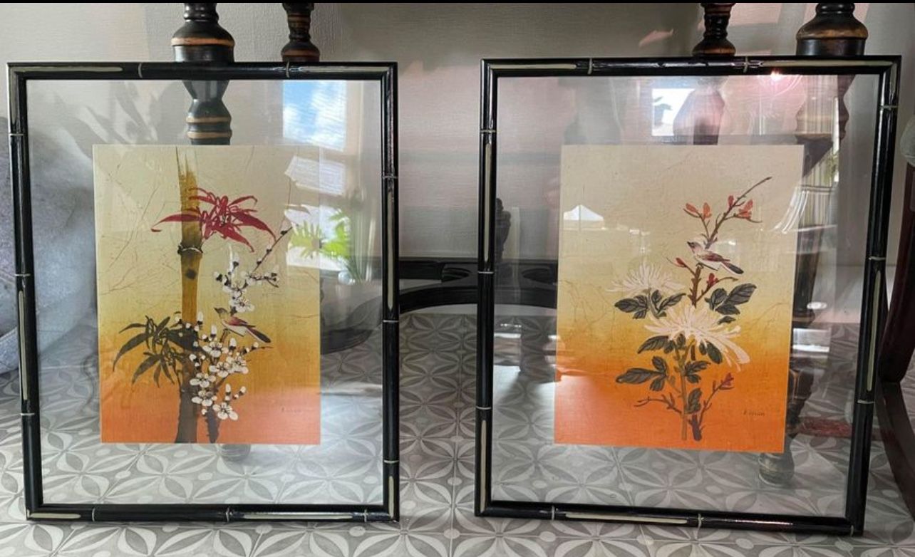 Wall art, bird and flower paintings, chinoiserie art, pair of framed pictures